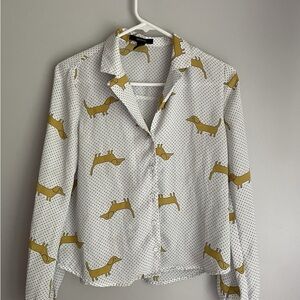 Forever 21 Sheer Dachshund Wiener Dog Blouse Top Shirt Small White Long Sleeve